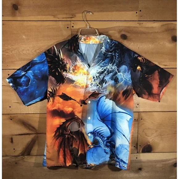 Unbranded Shirts Vintage Dragon Fire Ice Button Up Shirt Mens
